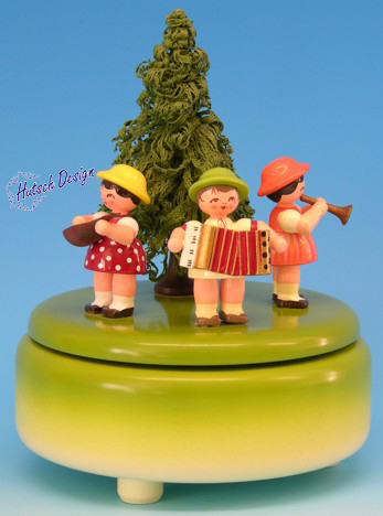 Spieldose grün mit 3 Instrumentenkinder