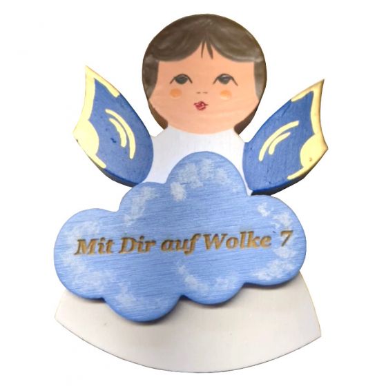 Magnetpin Engel mit Wolke, Flügel blau, lasiert und handbemalt, Text: Mit Dir auf Wolke 7 Magnetpin Engel mit Wolke, Flügel blau, lasiert und handbemalt, Text: Mit Dir auf Wolke 7