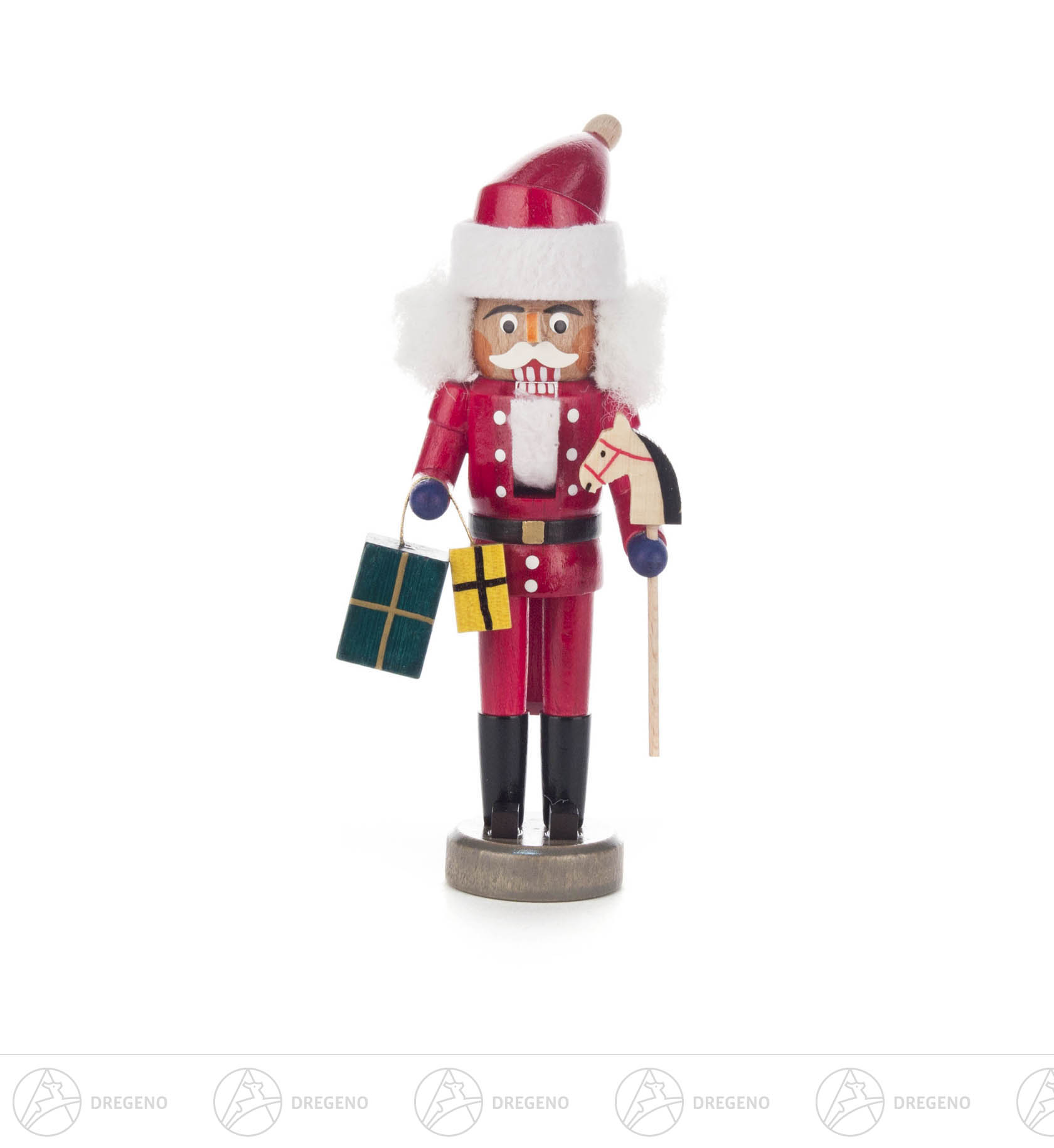 Nussknacker Weihnachtsmann rot, 14,5cm mit Steckenpferd und Geschenken