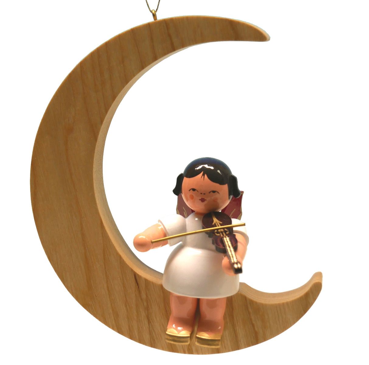 Engel sitzend groß mit Violine, Flügel rot, Mond natur