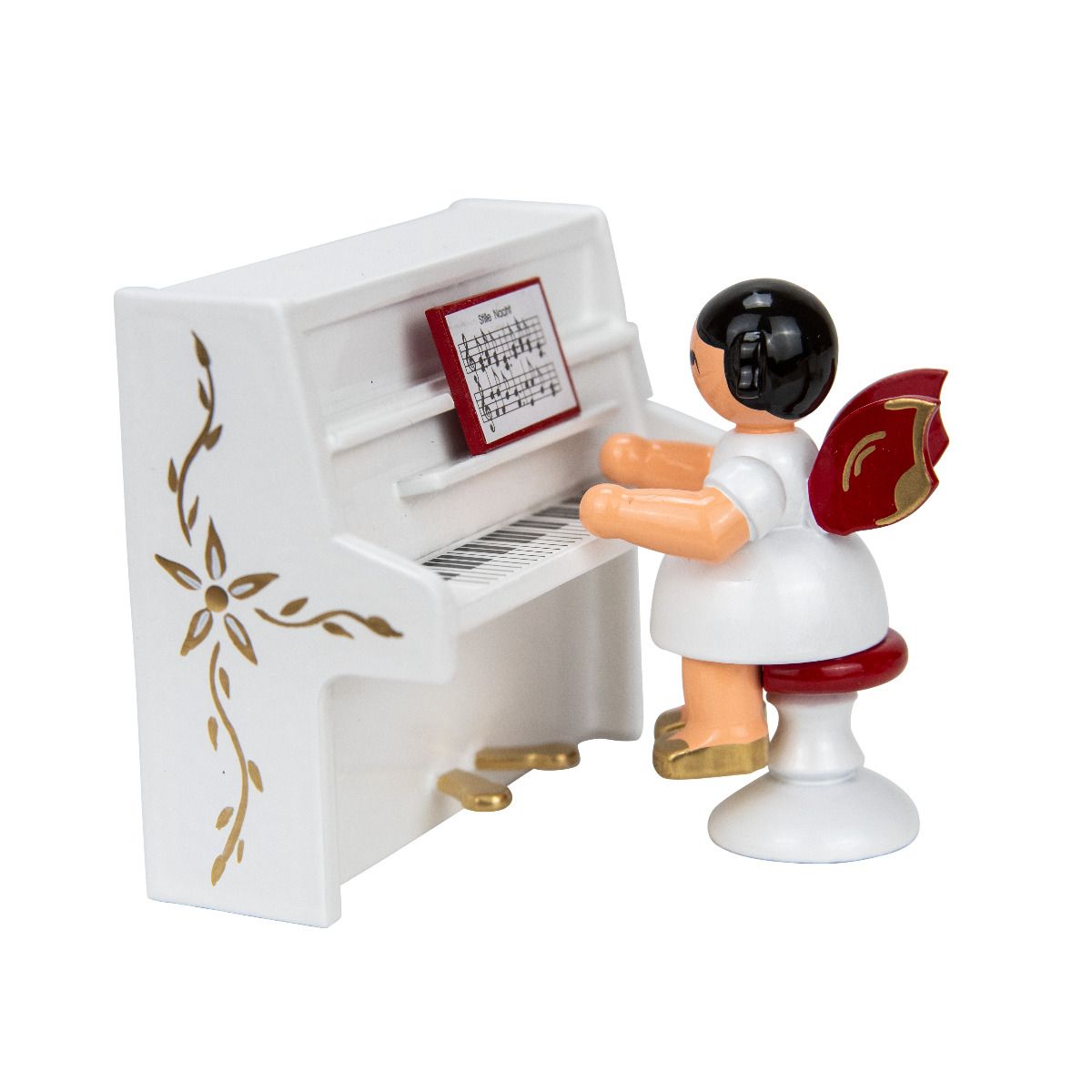 Engel auf Hocker am weißen Klavier, rote Flügel