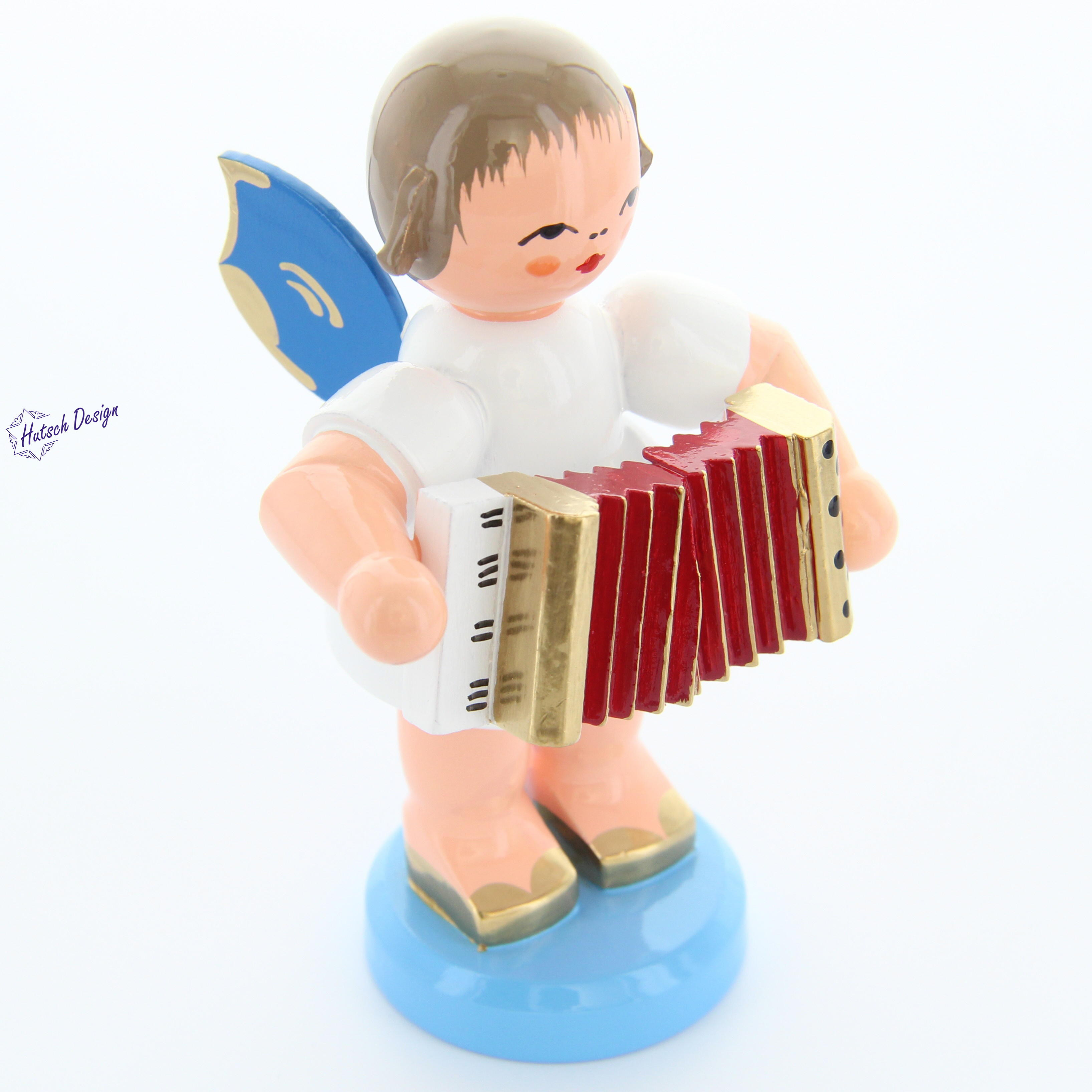 Engel stehend groß mit Akkordeon, blaue Flügel