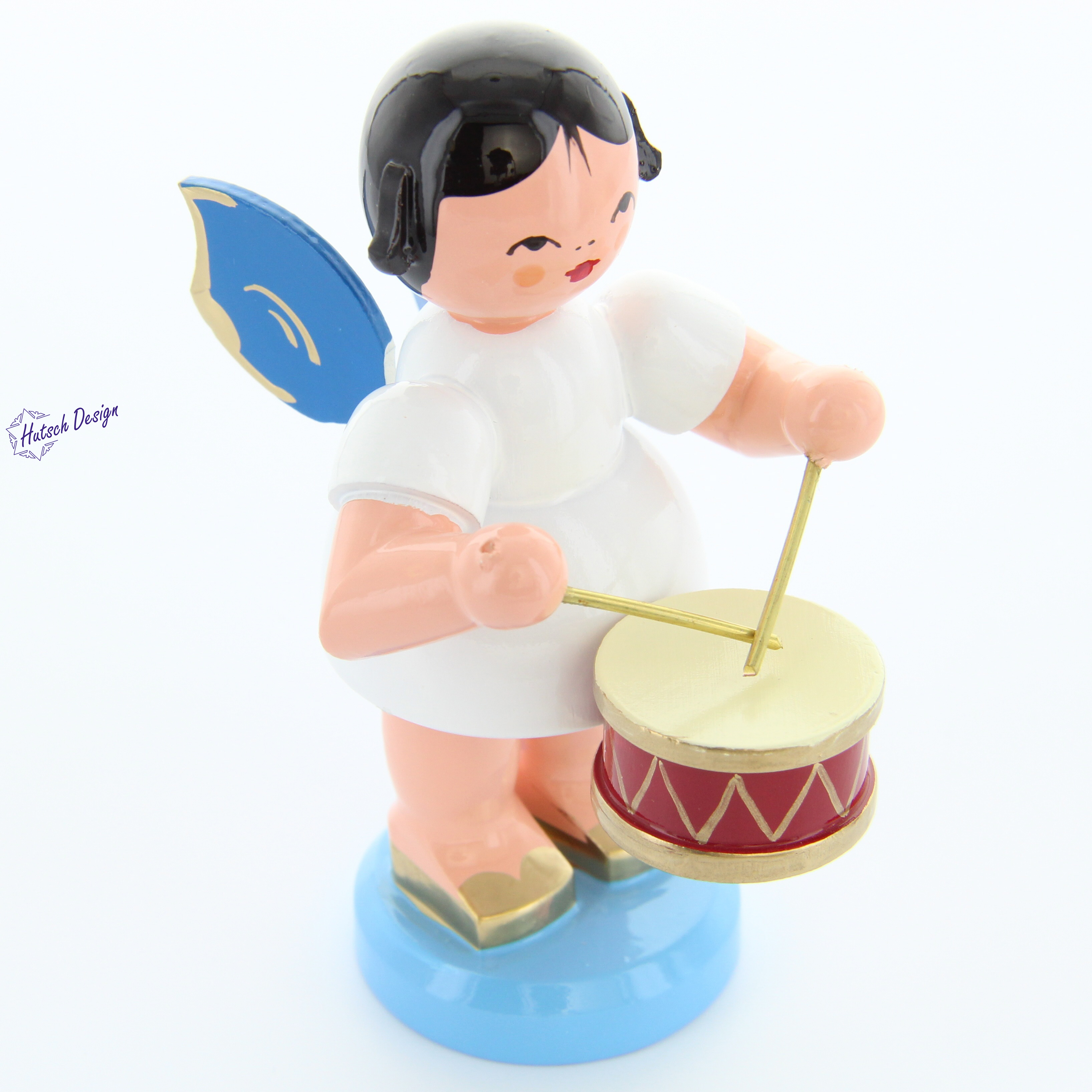 Engel stehend groß mit Trommel, blaue Flügel