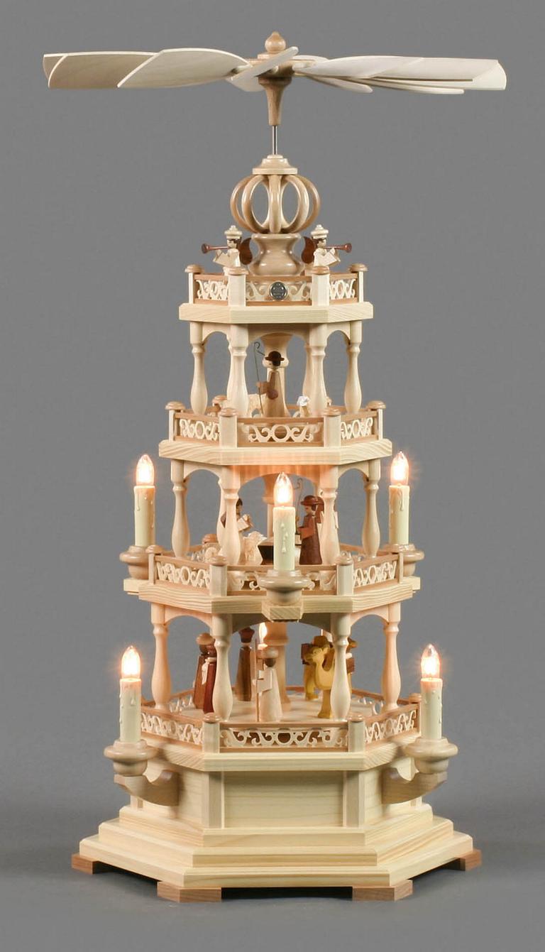 Pyramide mit Christi Geburt, 3-stöckig, elektr. Beleuchtung und Antrieb Pyramide mit Christi Geburt, 3-stöckig, elektr. Beleuchtung und Antrieb