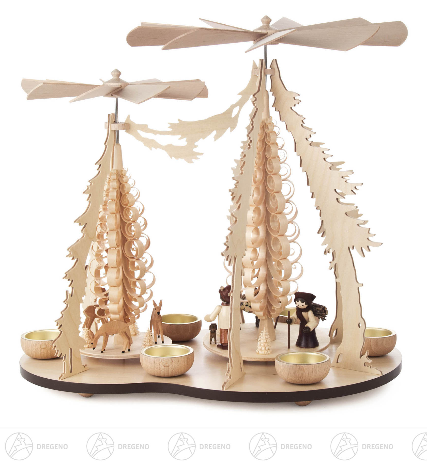 Doppelpyramide mit Waldleuten und Rehen, für Teelichte