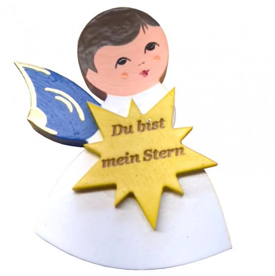 Magnetpin Engel mit Stern, Flügel blau, lasiert und handbemalt, Text: Du bist mein Stern