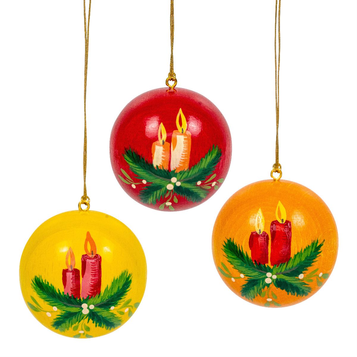 Weihnachtskugeln rot, orange, gelb, Zweig mit Kerze, 3 Stück 40mm, handbemalt