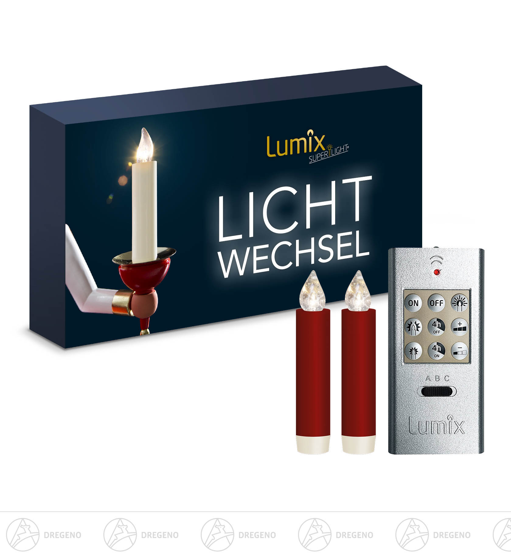 LUMIX CLASSIC MINI S -superlight- rot, Basis-Set, 2 Kerzen, 1 Fernbedienung, 2 Batterien