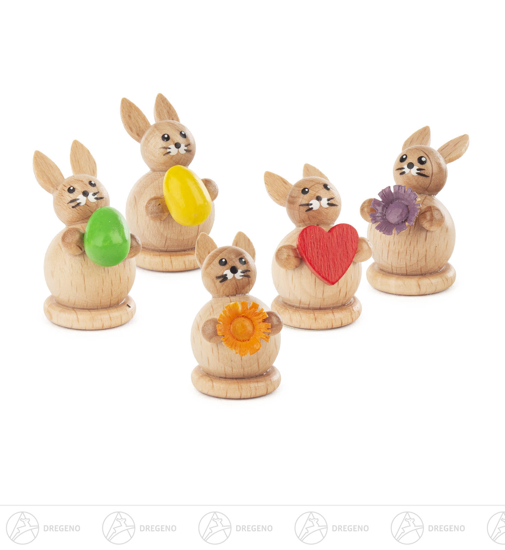 Mini-Hasen zum Stellen (6) sortiert (je 2 Stück mit Ei,Blume,Herz) 2cm