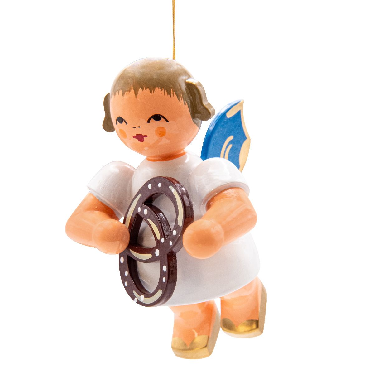 Schwebeengel groß mit Brezel, blaue Flügel 9cm