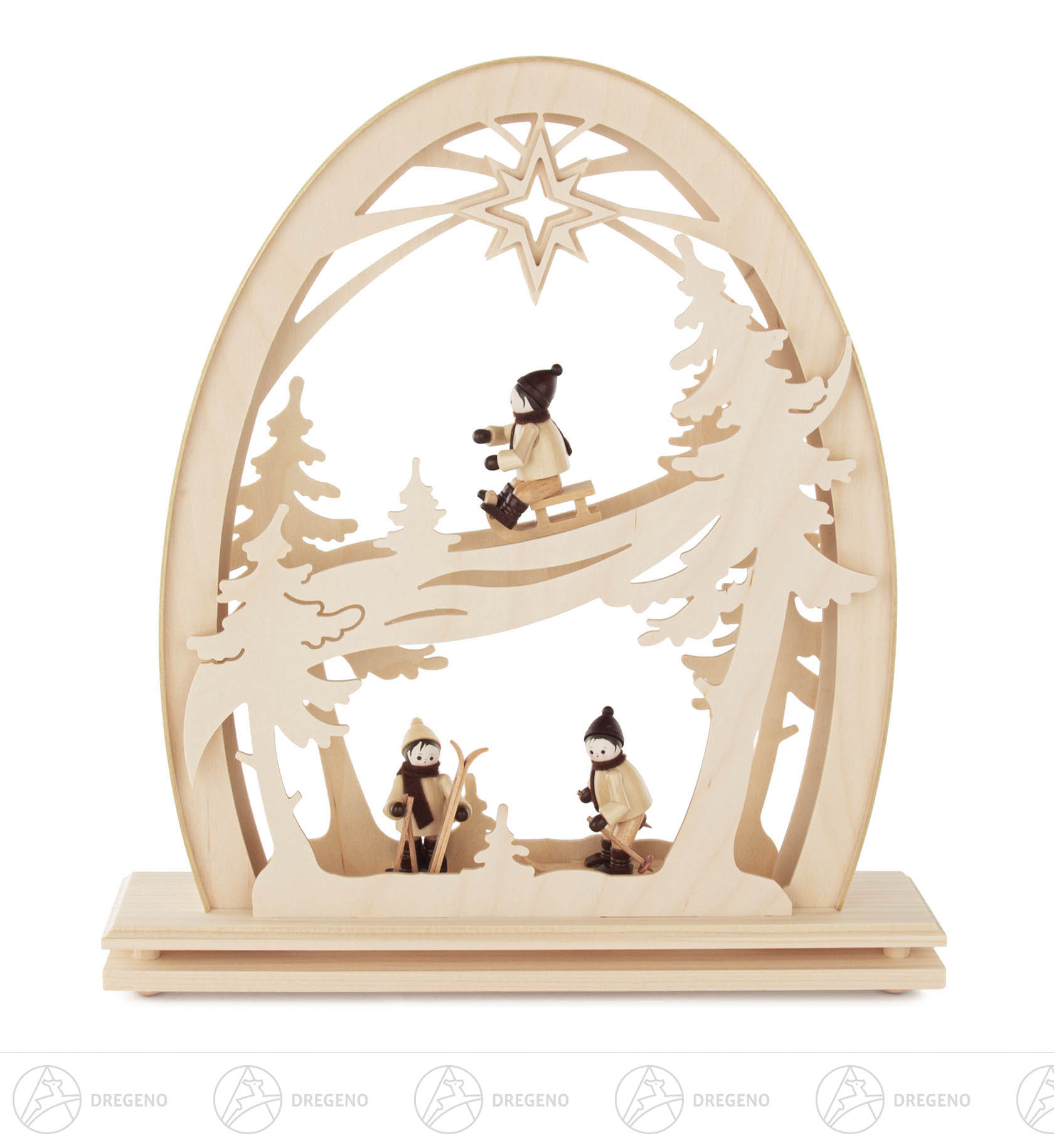 Erzgebirgsbogen Wintersportler elektrisch beleuchtet LED 34x30cm