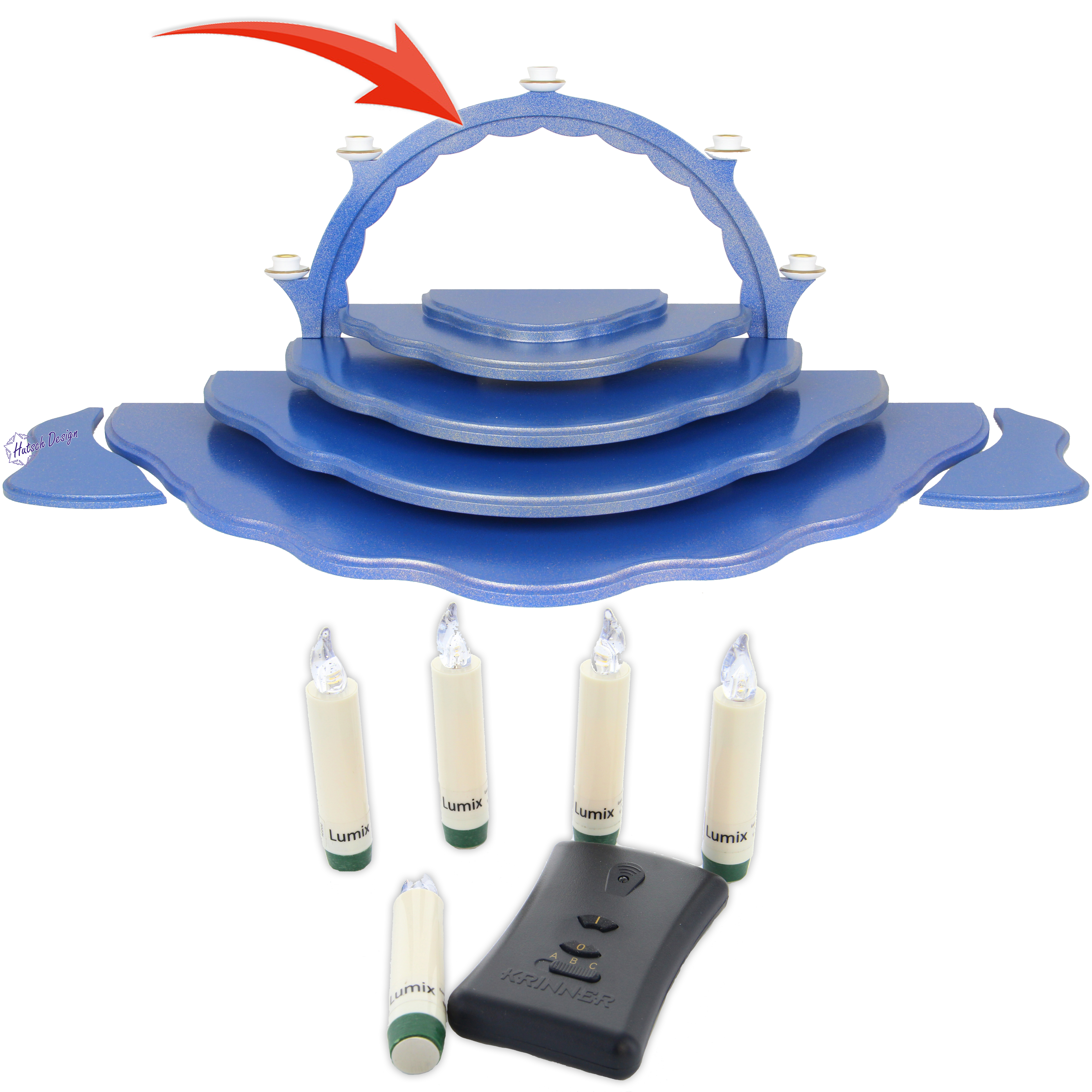 Schwibbogen, blau/gold, zum anschrauben an Etage 3, mit LED-Beleuchtung