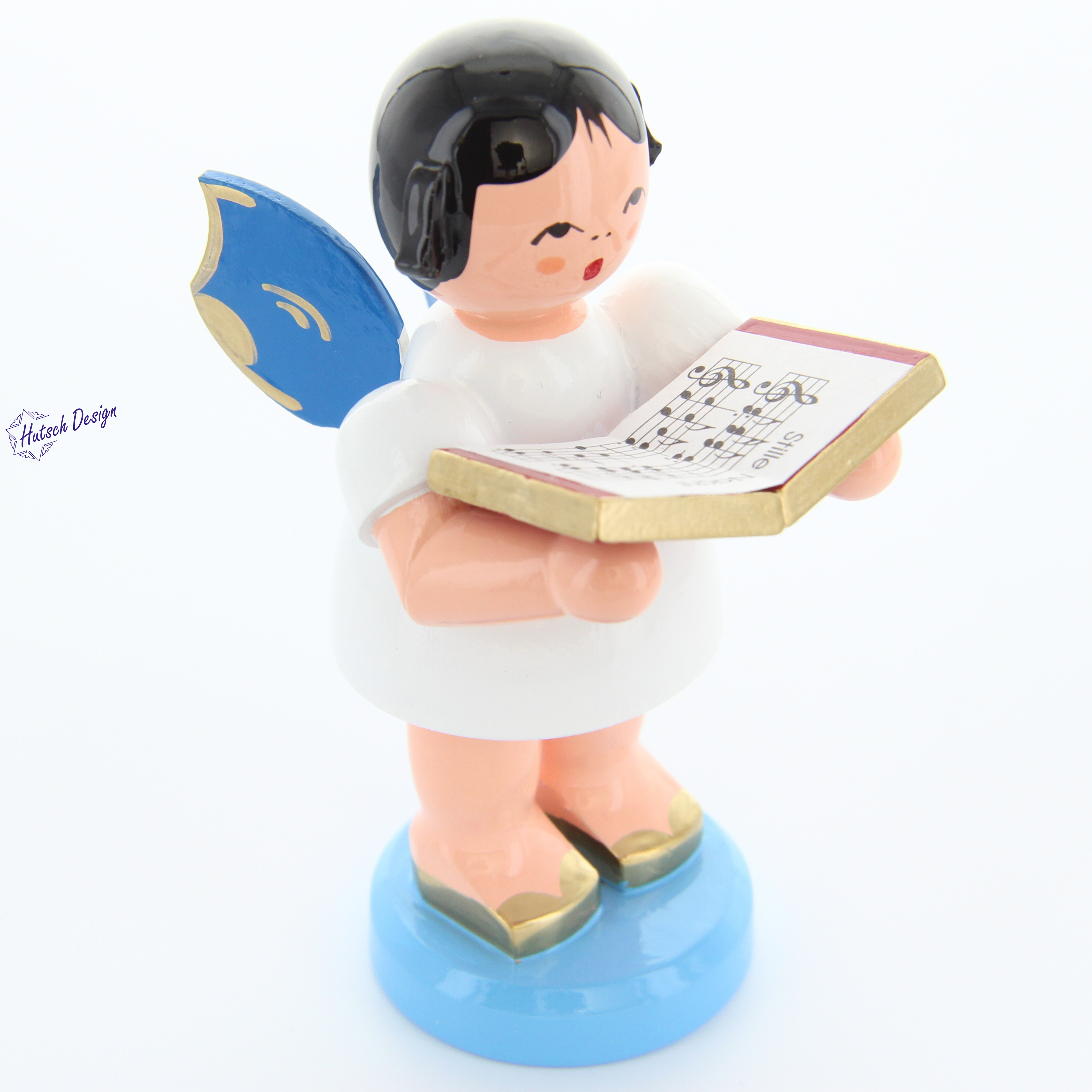 Engel stehend groß mit Buch, blaue Flügel