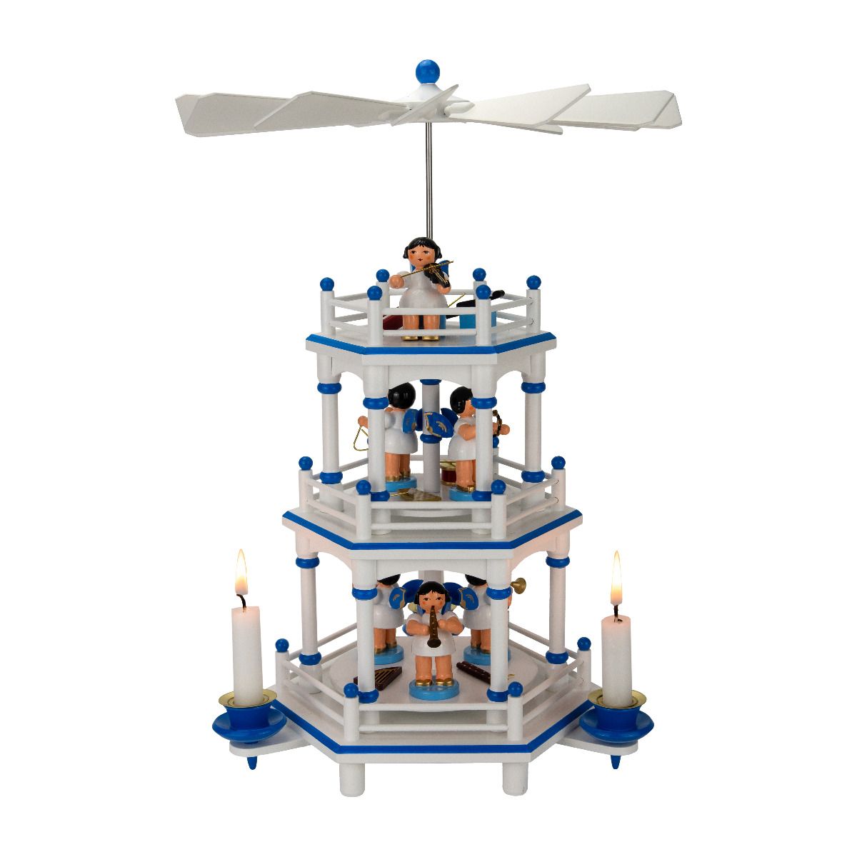Pyramide 3 Etagen weiß / rot, 35 cm, Instrumentenengel mit blauen Flügeln und Zubehör