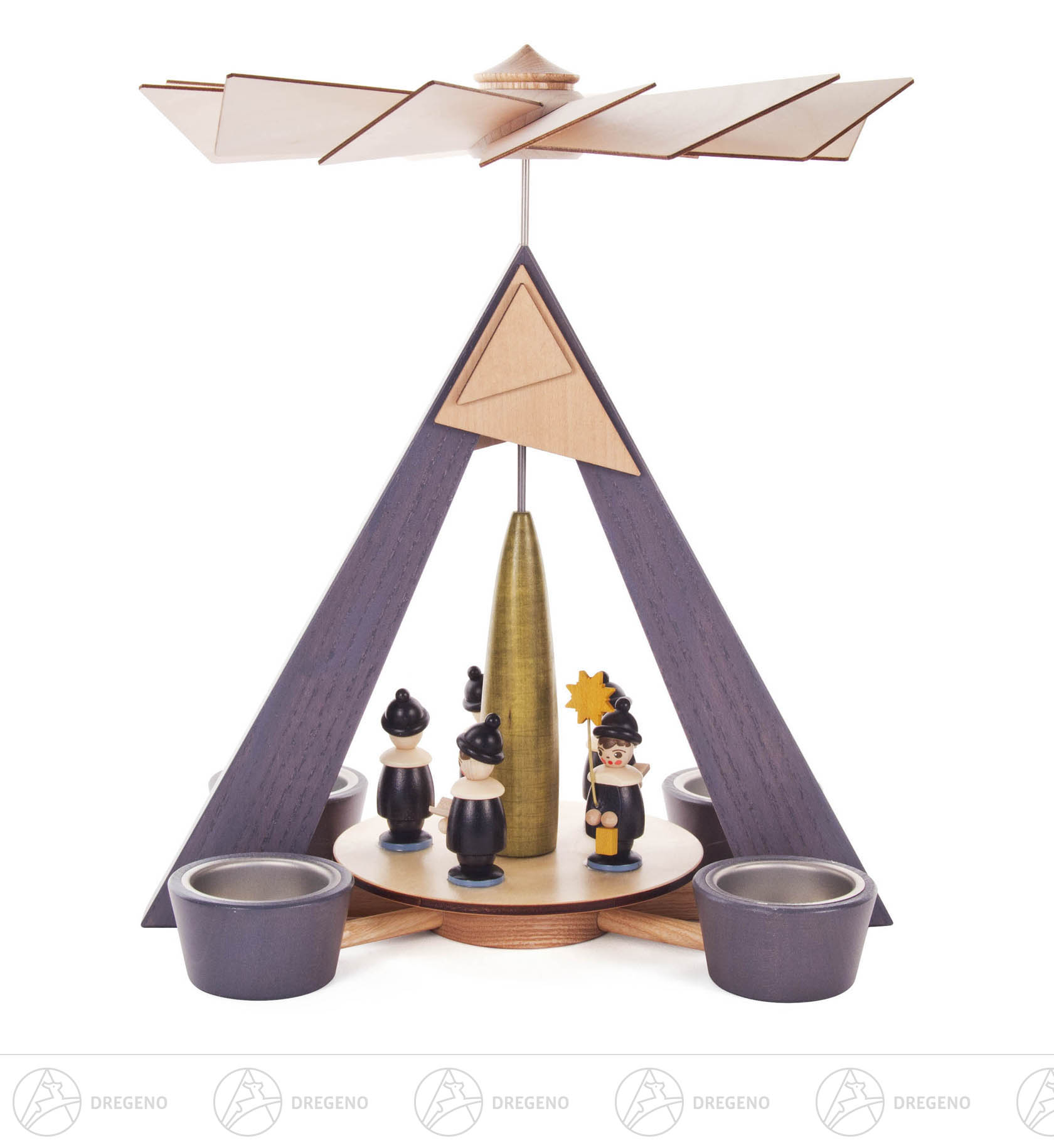 Pyramide mit Kurrende, grau mit farbigen Figuren, für Teelichte