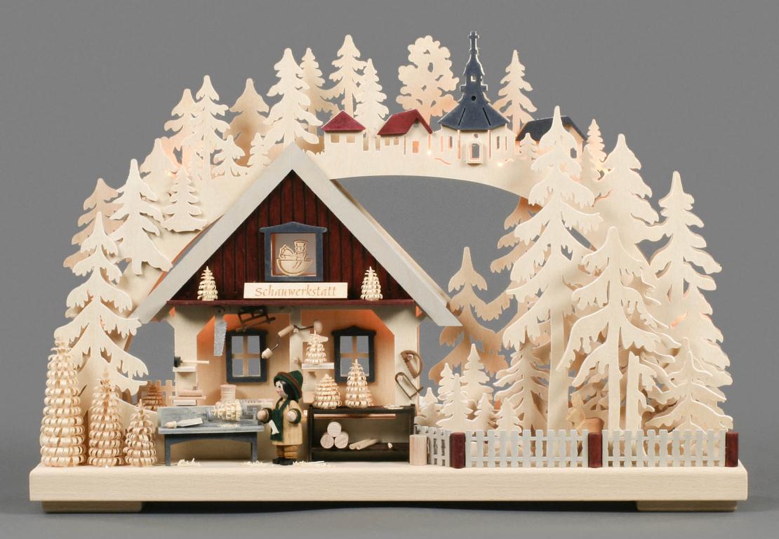 Schwibbogen Schauwerkstatt mit Drechsler, indirekt elektrisch beleuchtet