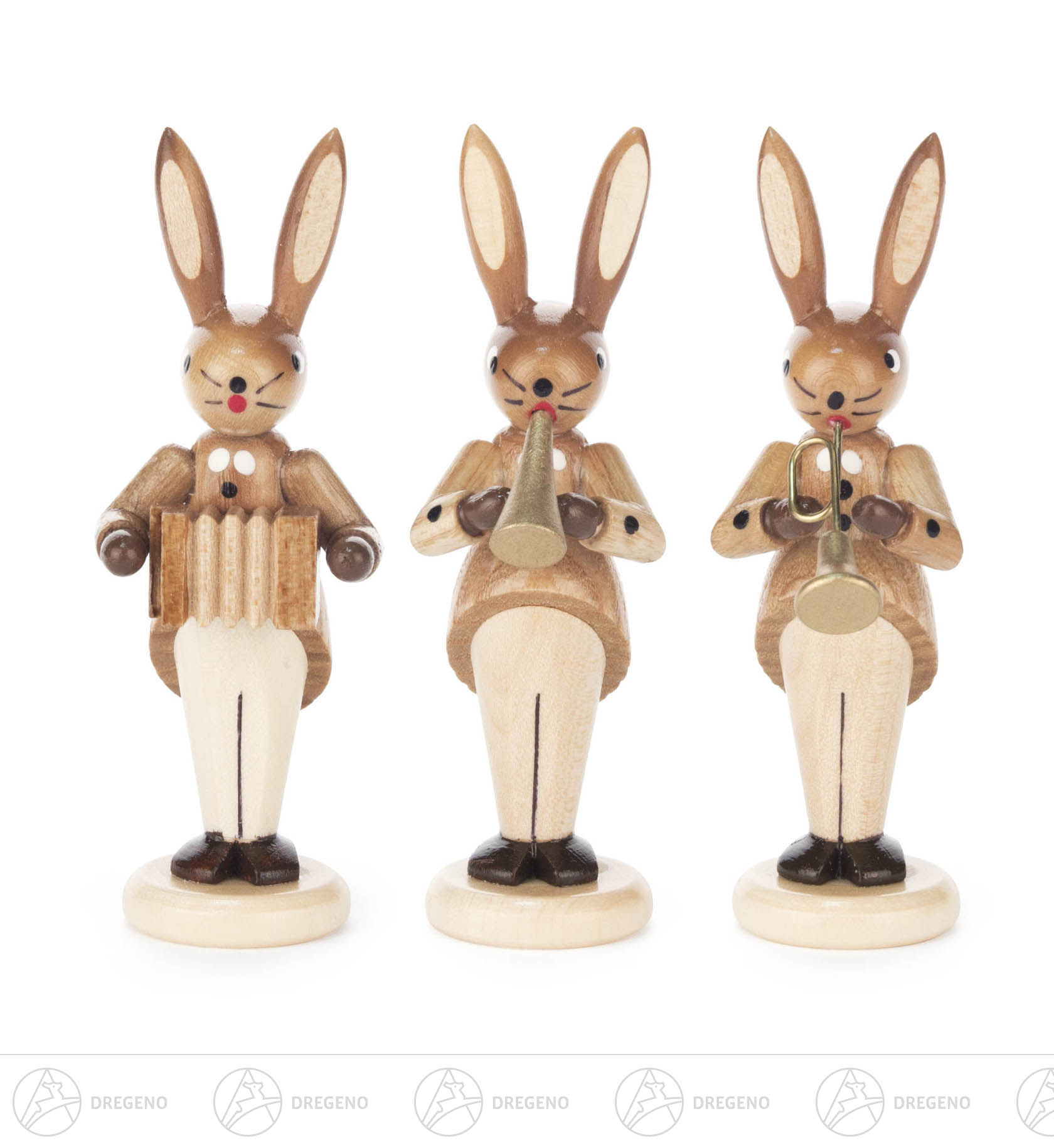 Hasentrio mit Ziehharmonika, Flöte und Trompete, natur 8cm