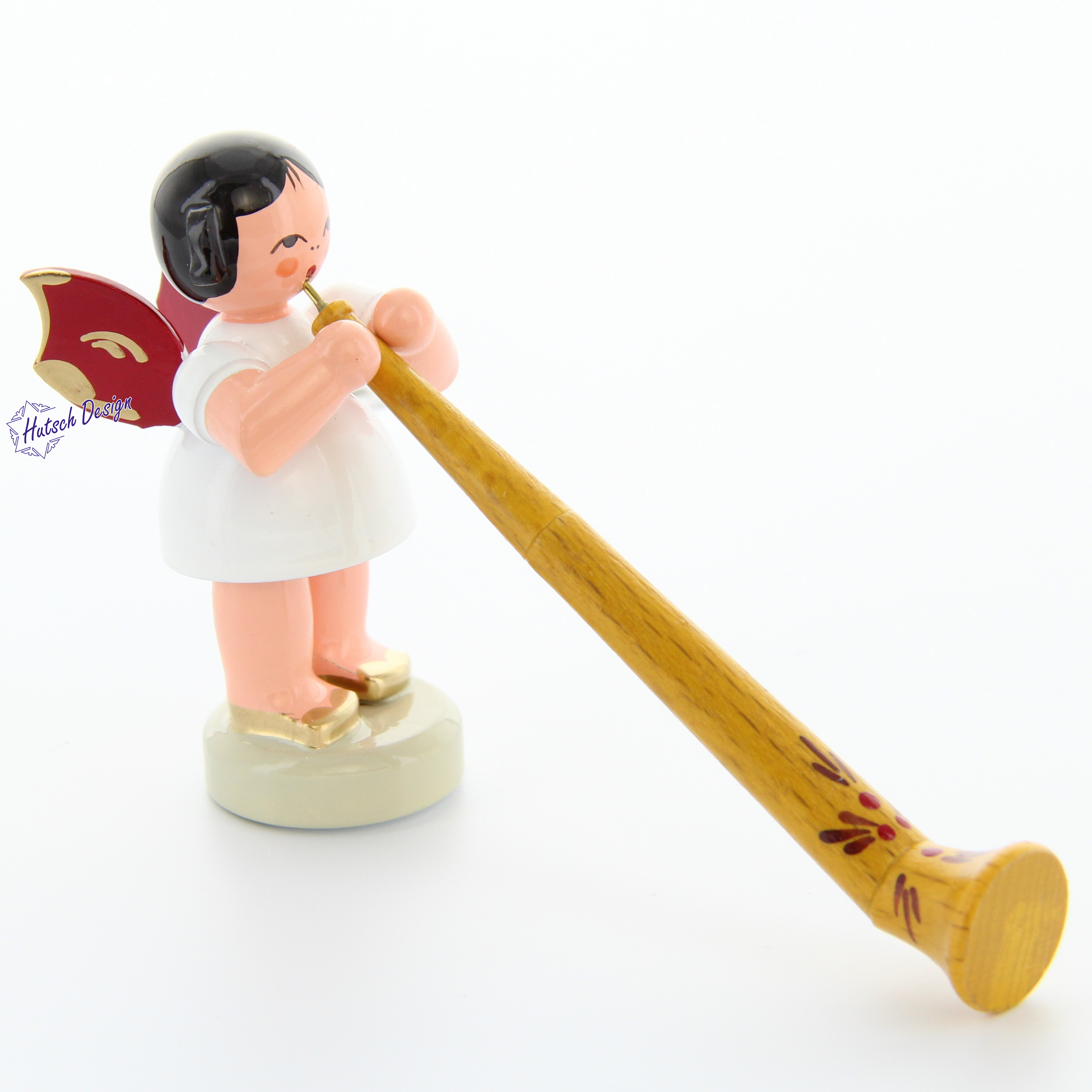 Engel stehend mit Alphorn, rote Flügel