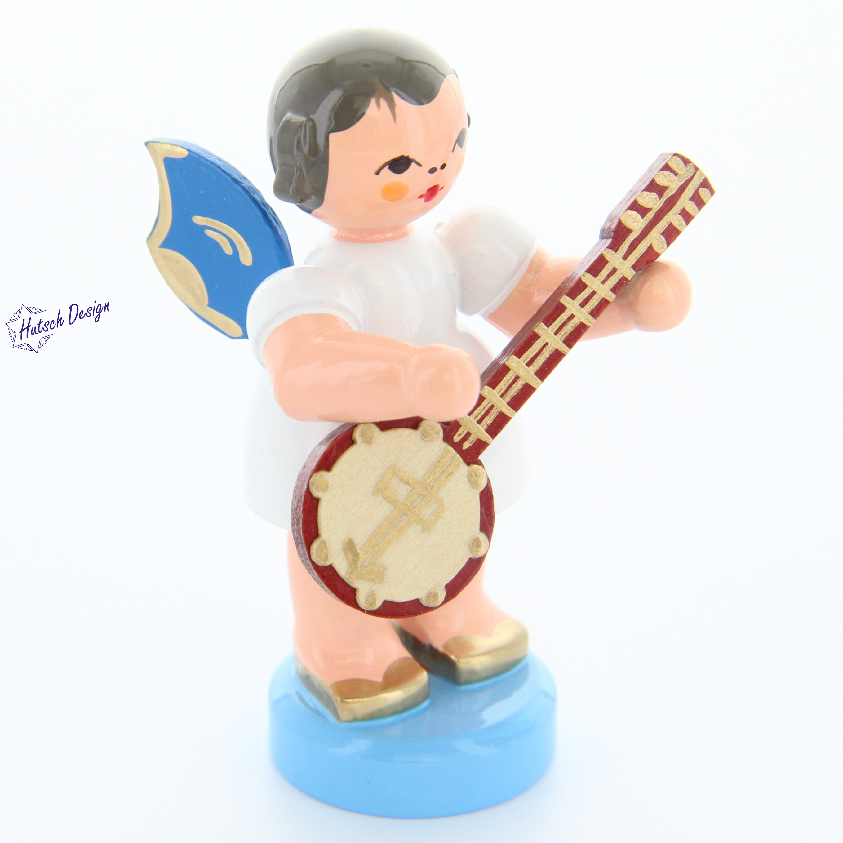 Engel stehend mit Banjo, blaue Flügel