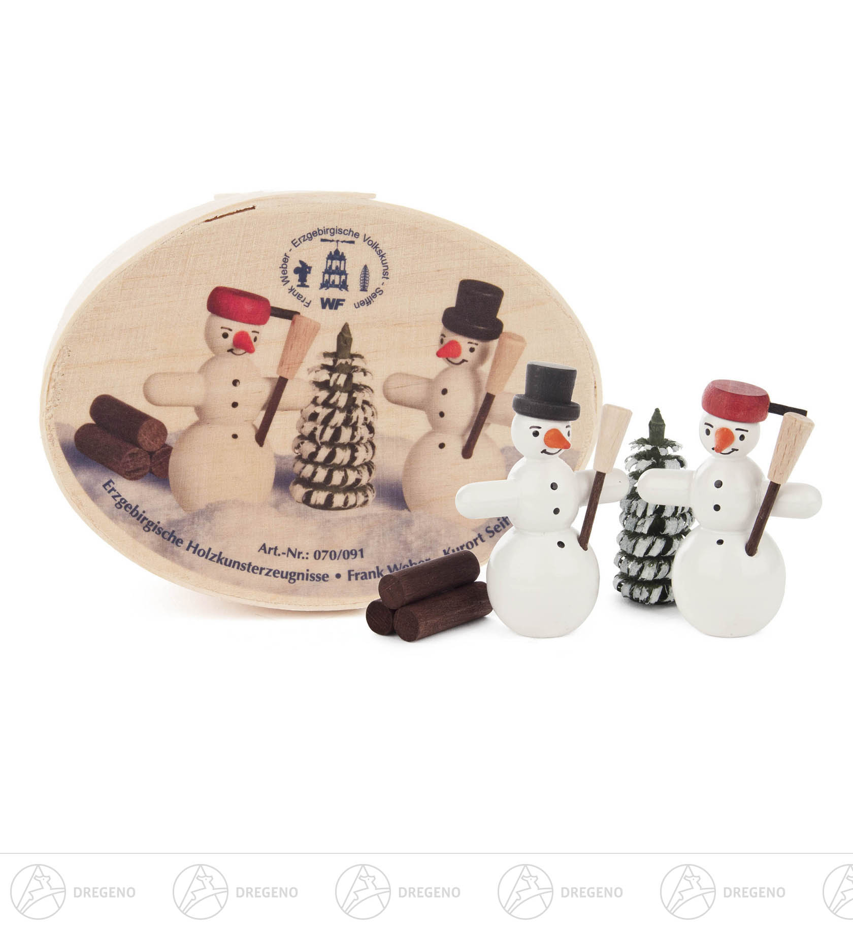 Spandose mit 2 Schneemännern, Bäumchen und Holzstoß