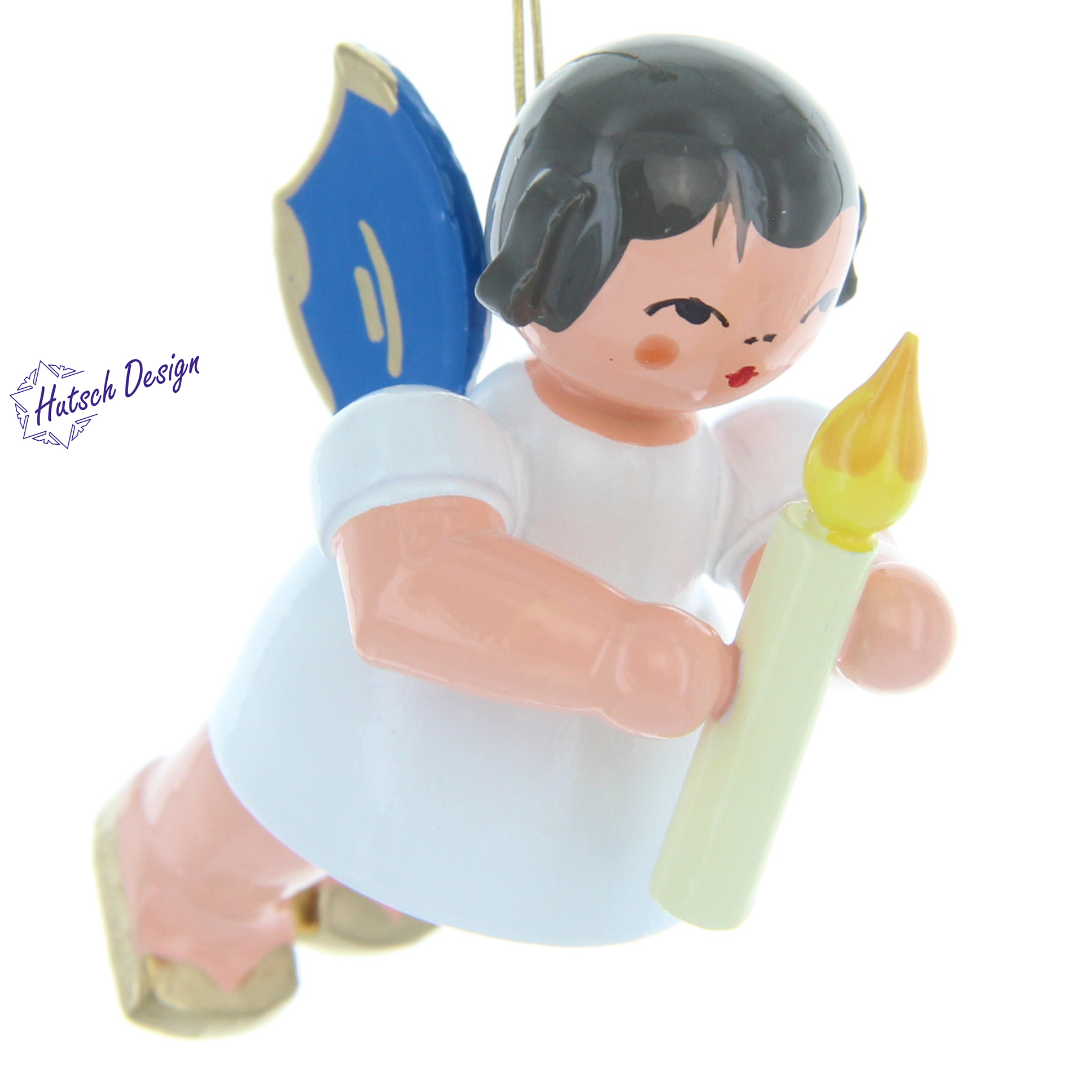 Engel schwebend mit Kerze, blaue Flügel