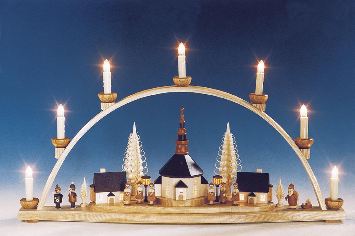 Schwibbogen Seiffener Kirche mit beleuchteten Laternen elektr. beleuchtet  B 66 cm