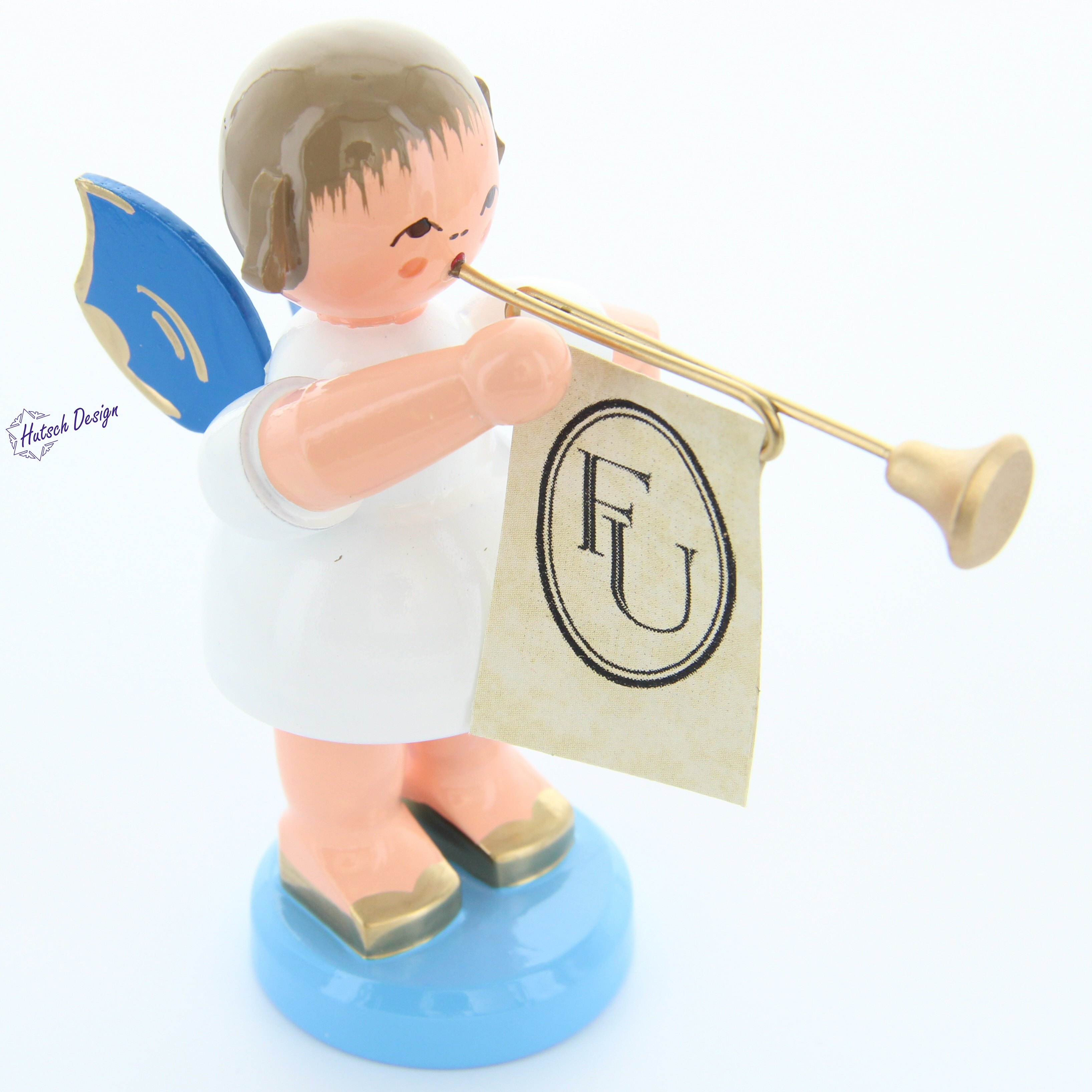 Engel stehend groß mit Fanfare, blaue Flügel