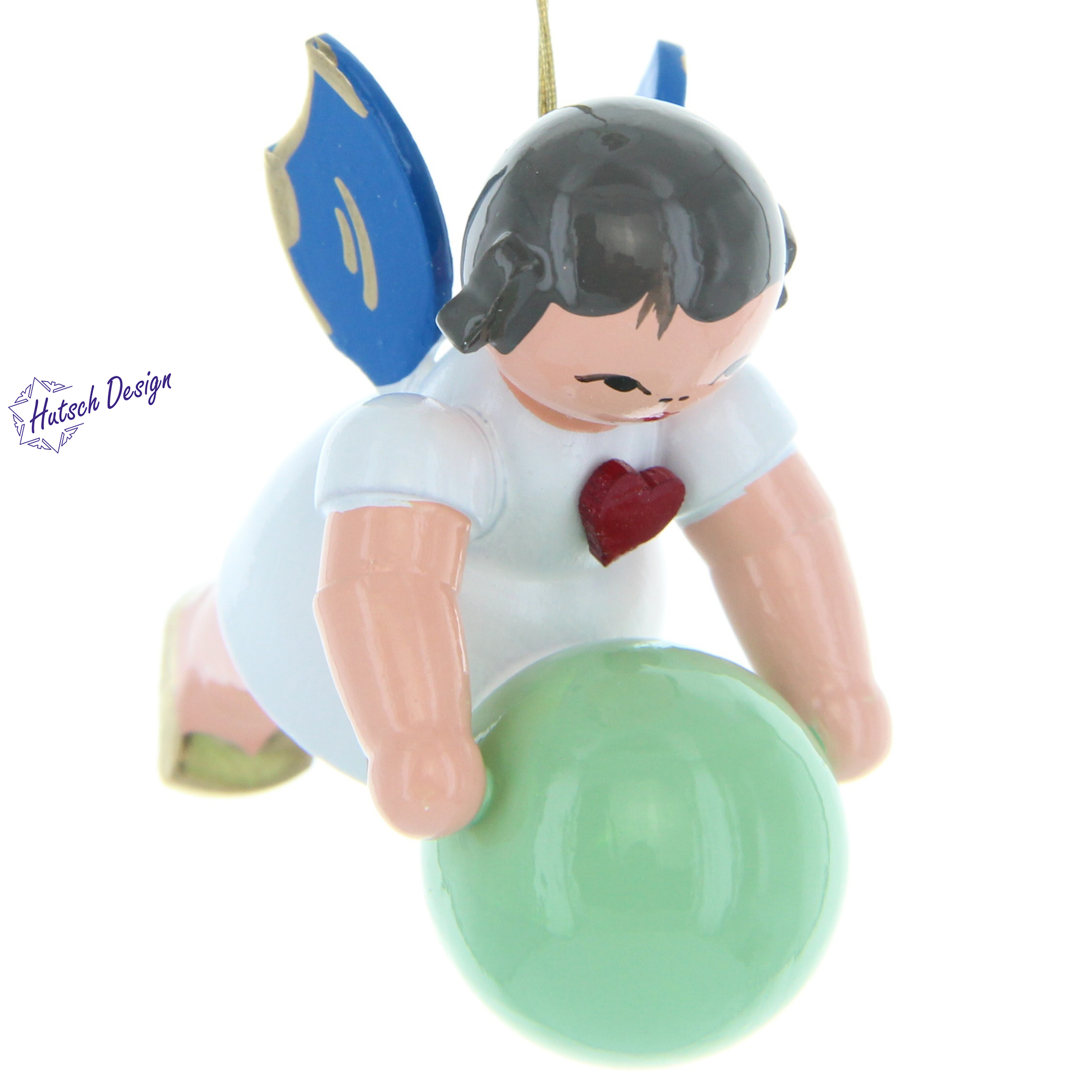 Herzengel schwebend mit Gymnastikball, blaue Flügel