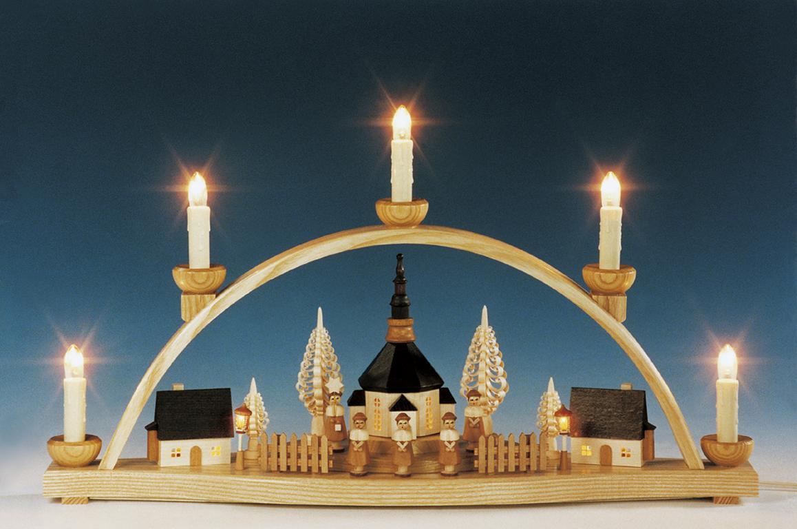 Schwibbogen Seiffener Kirche mit beleuchteten Laternen elektr. beleuchtet  B 51cm