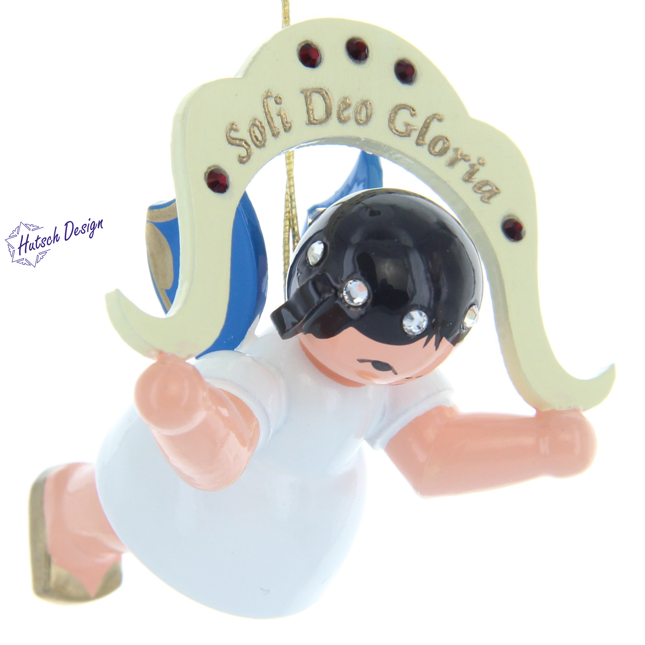 Engel schwebend Soli Deo Gloria, Sonderedition Swarovski, blaue Flügel
