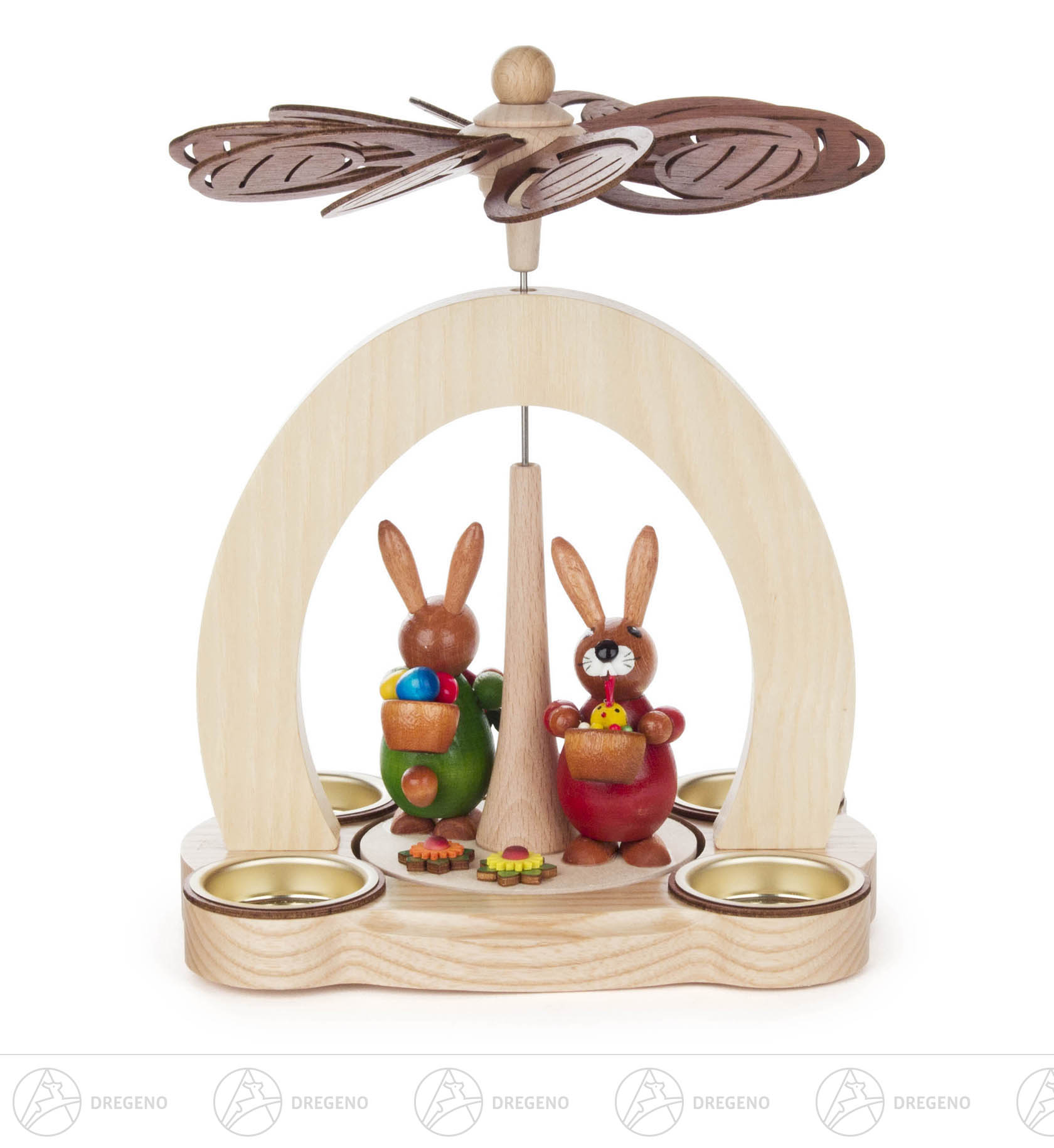 Pyramide natur mit 2 Hasen grün/rot für Teelichte