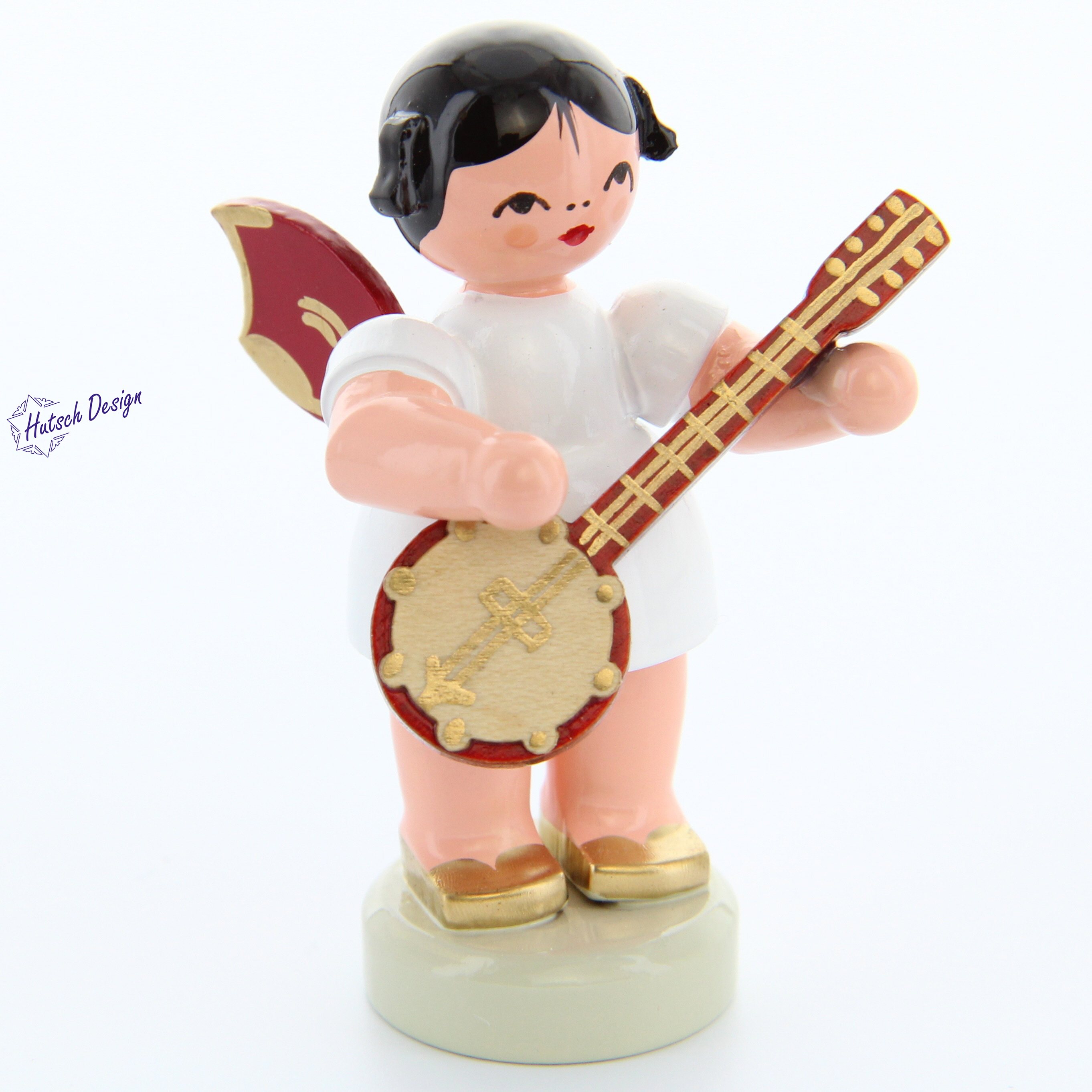 Engel stehend mit Banjo, rote Flügel
