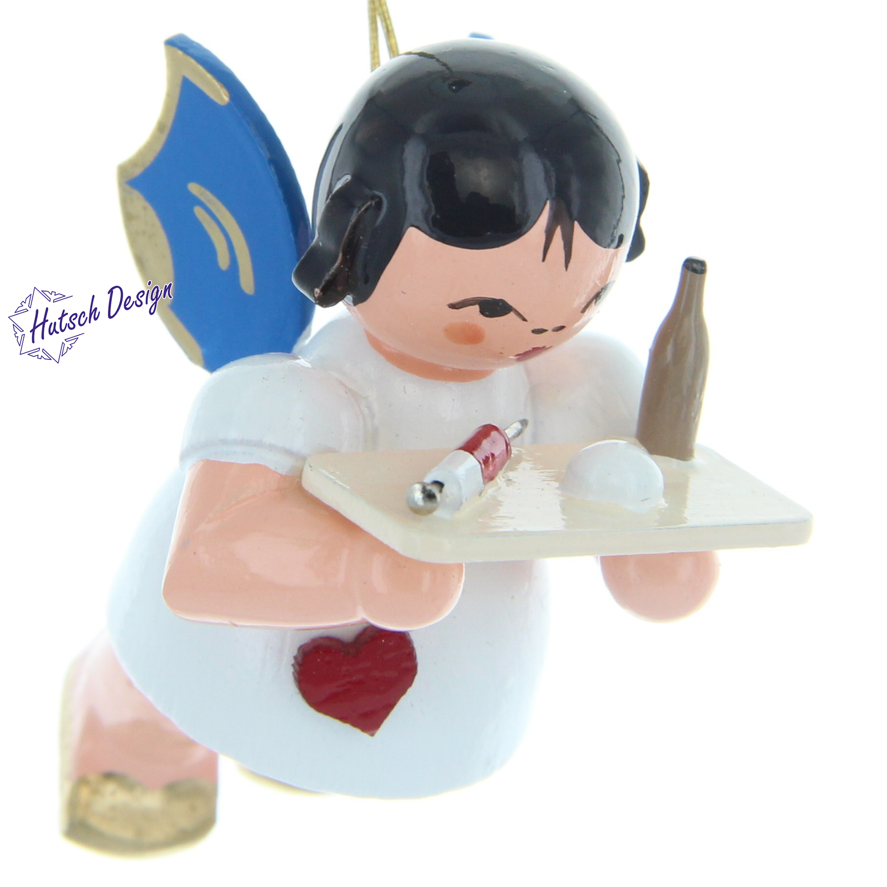 Herzengel schwebend mit Spritze, blaue Flügel