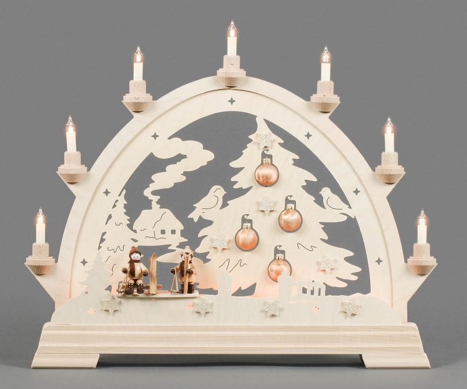 Rundbogen mit Skifahrern und Baumkugeln, elektrisch beleuchtet 48x42cm