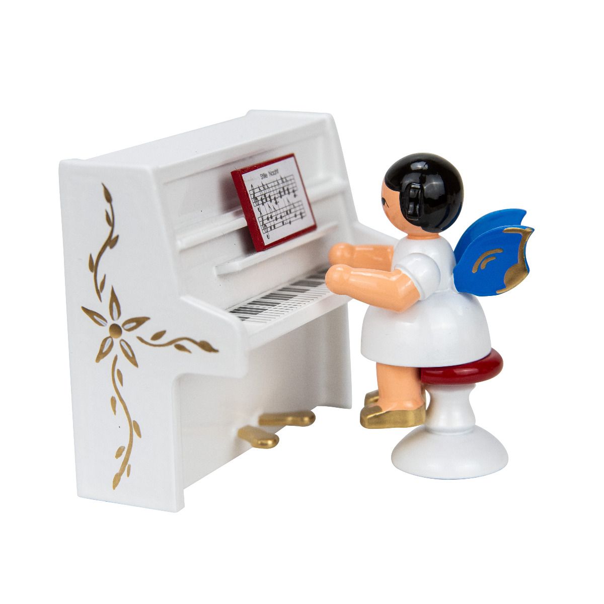 Engel auf Hocker am weißen Klavier, blaue Flügel