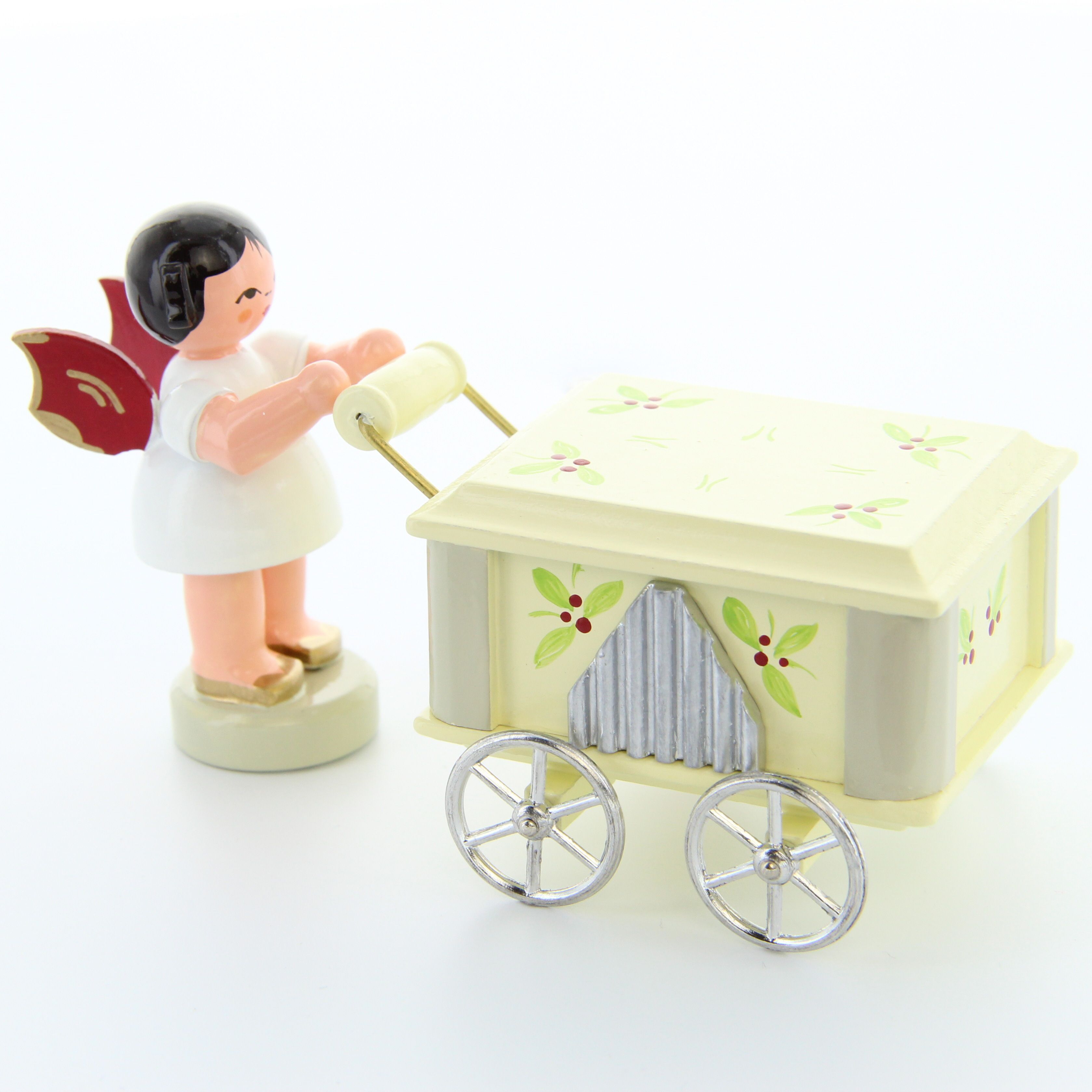 Engel an der Drehorgel mit Spielwerk O Tannenbaum Kurzfass., rote Flügel