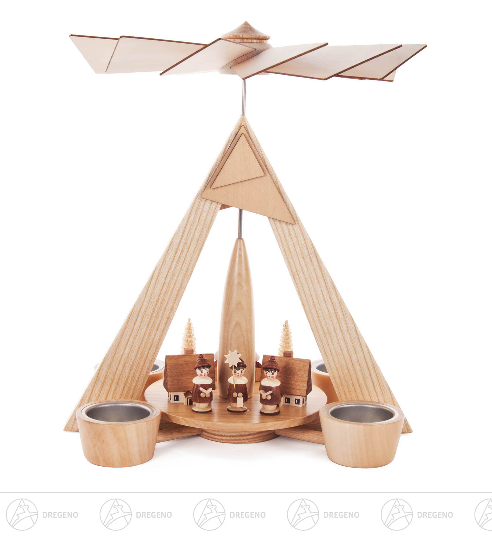 Pyramide mit Seiffener Dorf und Kurrende natur, für Teelichte