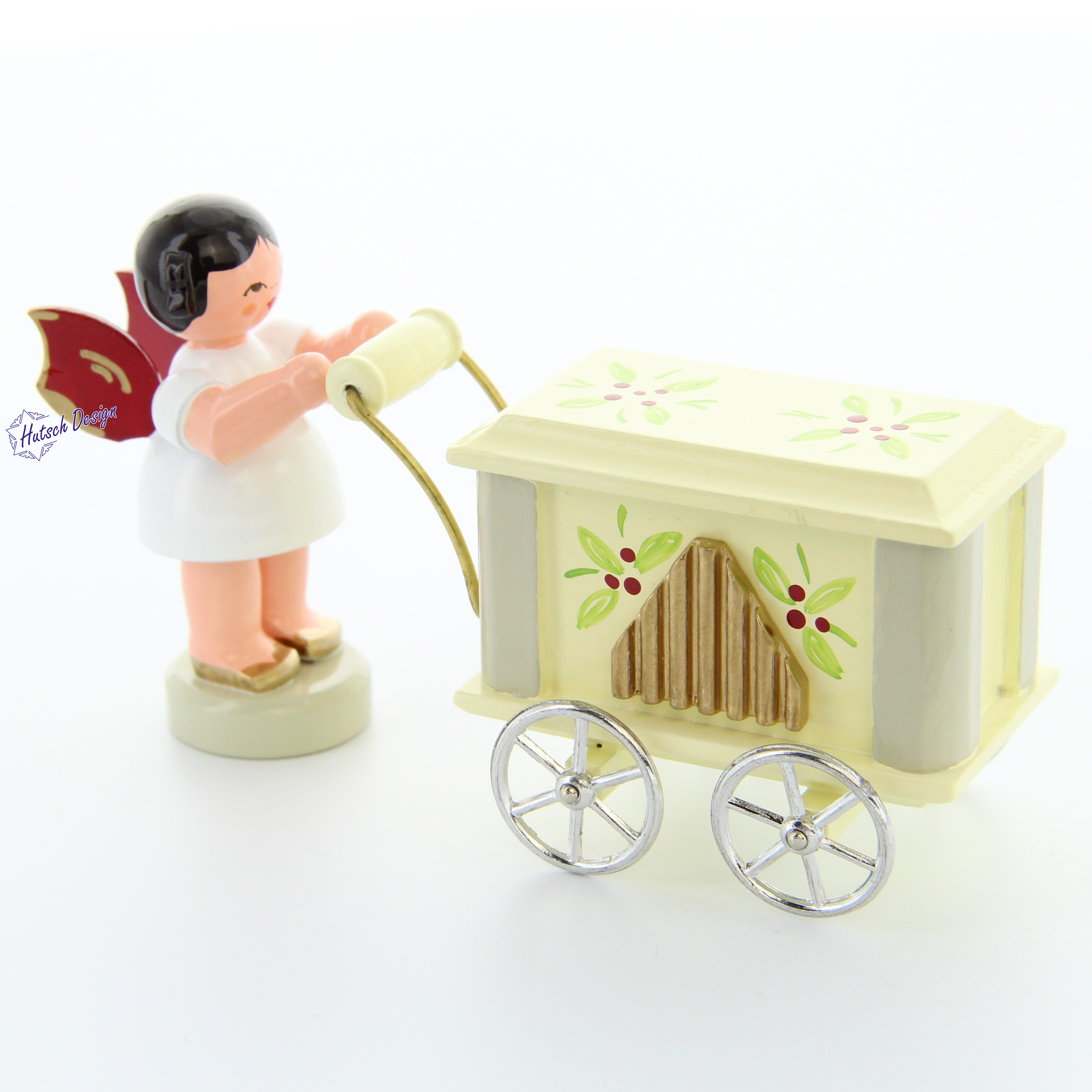 Engel stehend an der Drehorgel einfach, rote Flügel