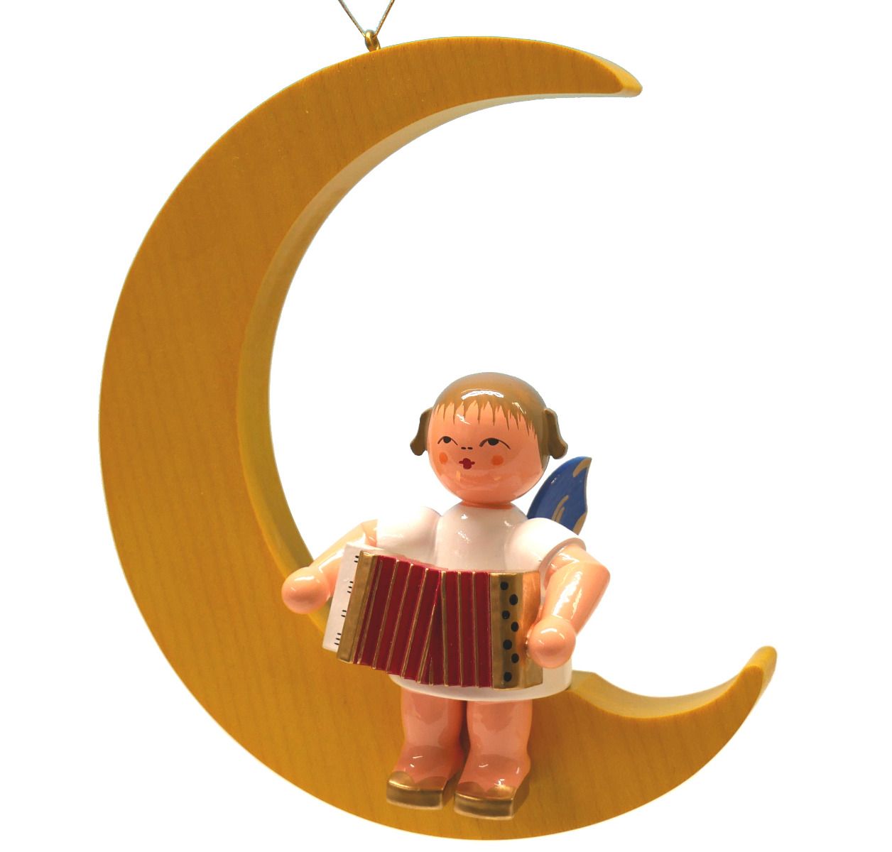 Engel sitzend groß mit Akkordeon, Flügel blau, Mond gelb