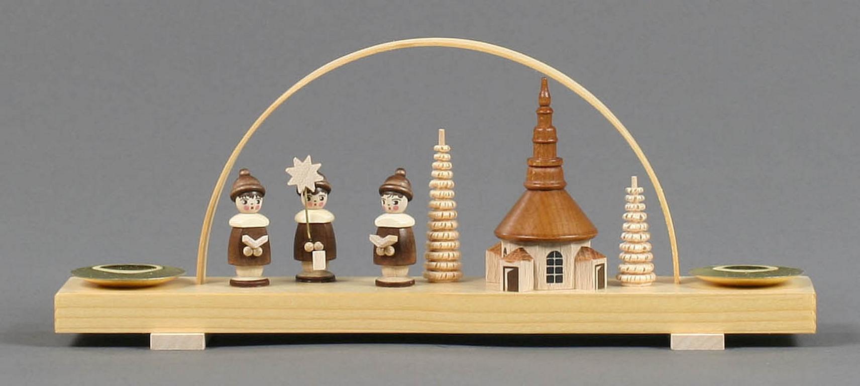 Schwibbogen mit Seiffener Kirche und Kurrende natur, für Kerzen d14mm