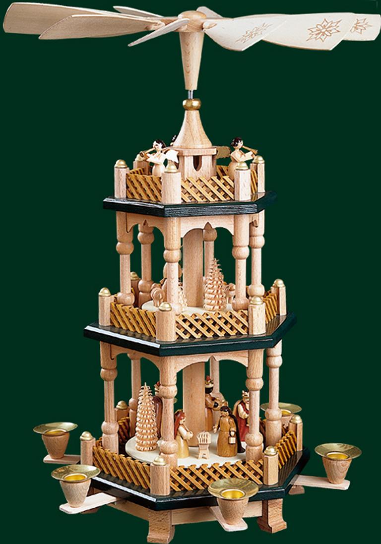 Pyramide Christi Geburt 2-st., natur, grüne Böden  40 cm