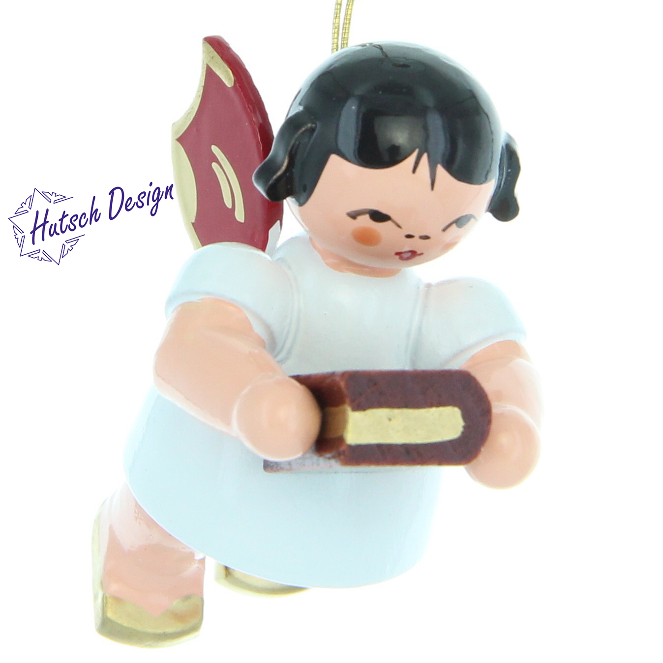 Engel schwebend mit Bibel, rote Flügel