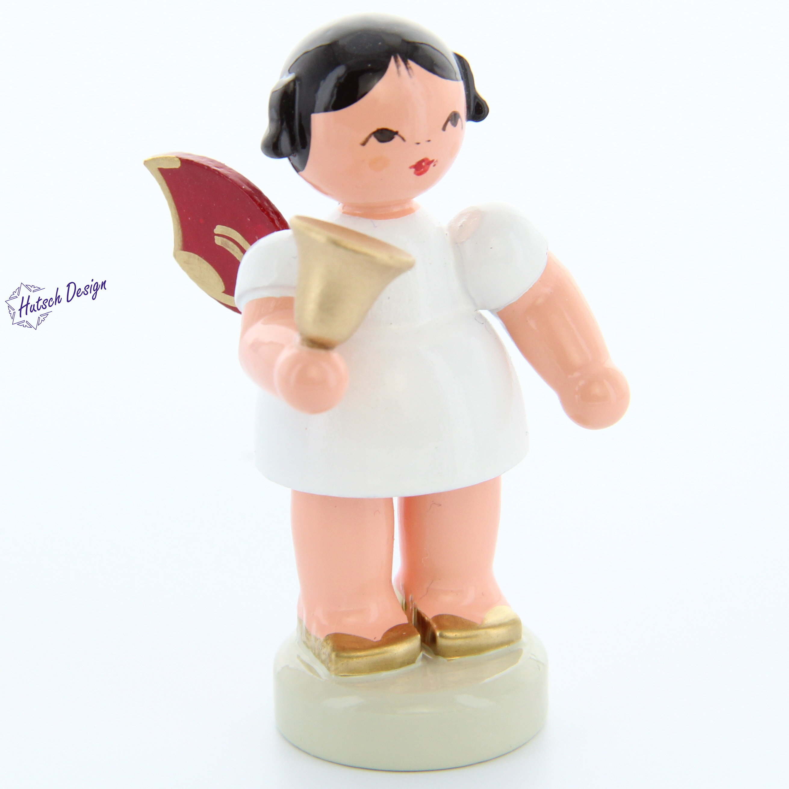 Engel stehend mit Glocke, rote Flügel