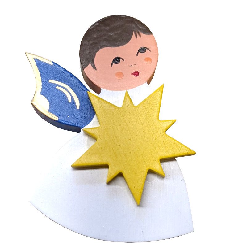 Magnetpin Engel mit Stern, Flügel blau, lasiert und handbemalt