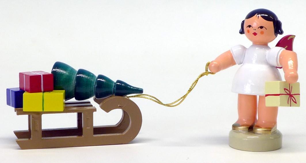 Engel stehend mit Geschenkeschlitten, rote Flügel