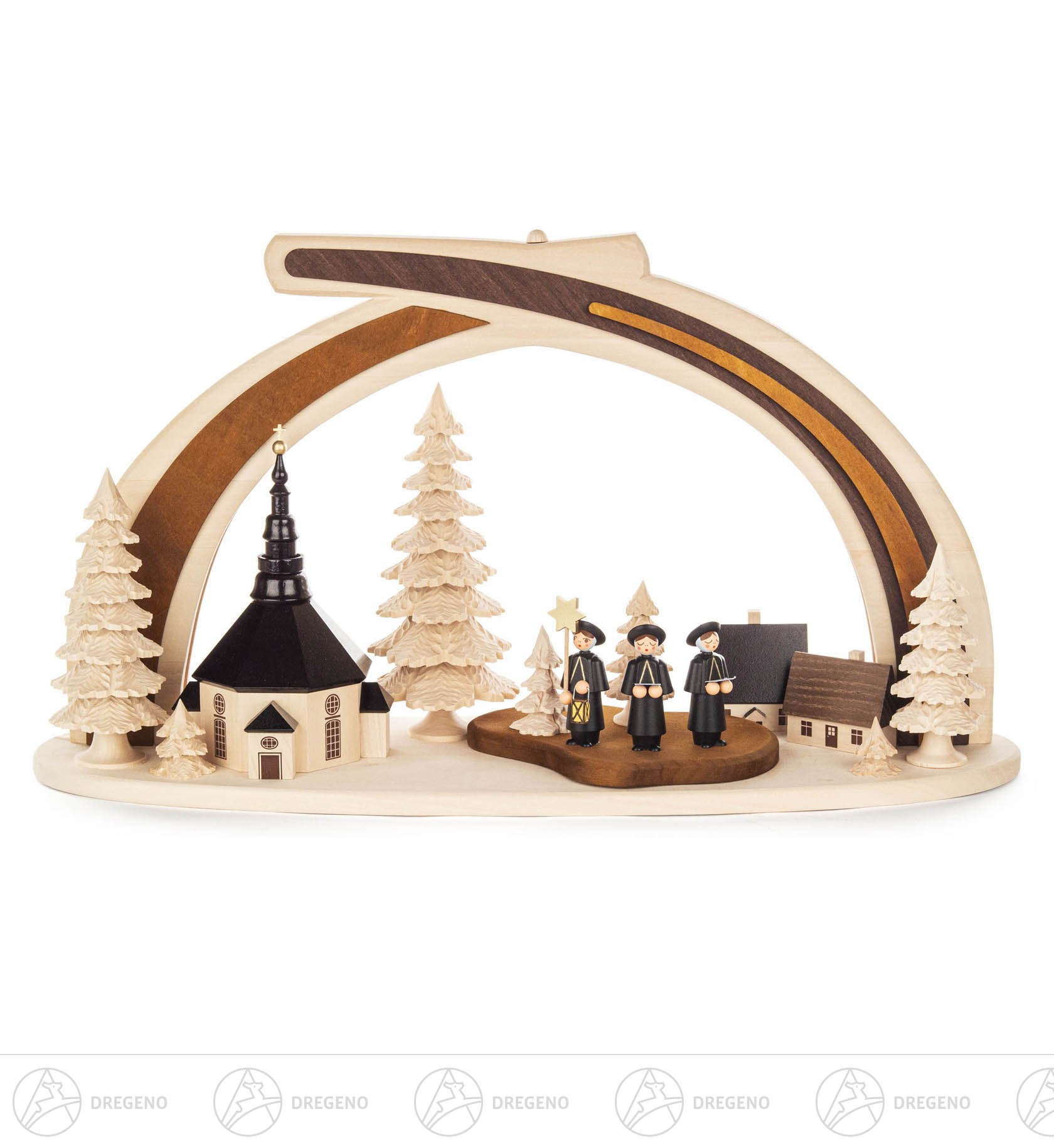 Massivholzbogen Seiffener Kirche mit Kurrende und LED-Beleuchtung (Trafo: 100...240V) 30x45cm