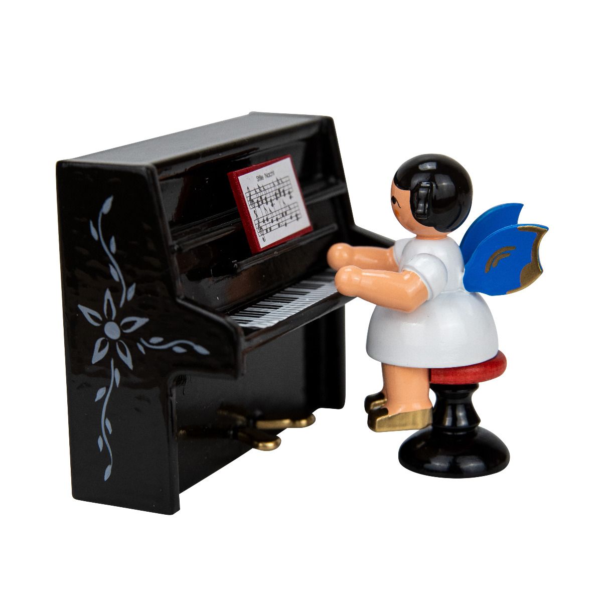 Engel auf Hocker am schwarzen Klavier, blaue Flügel