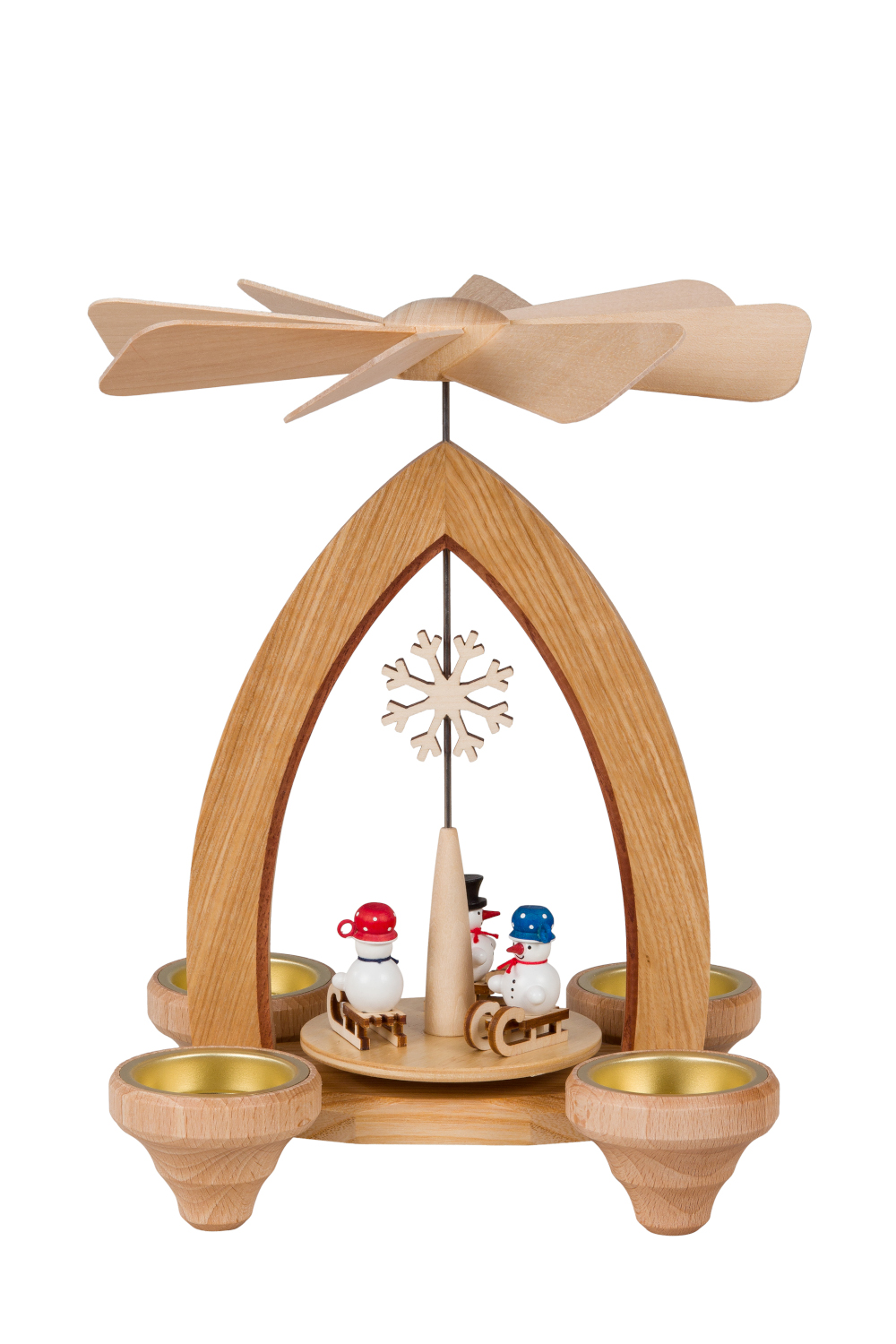 Teelichtpyramide mit Schneemann auf Schlitten / Schneekristall