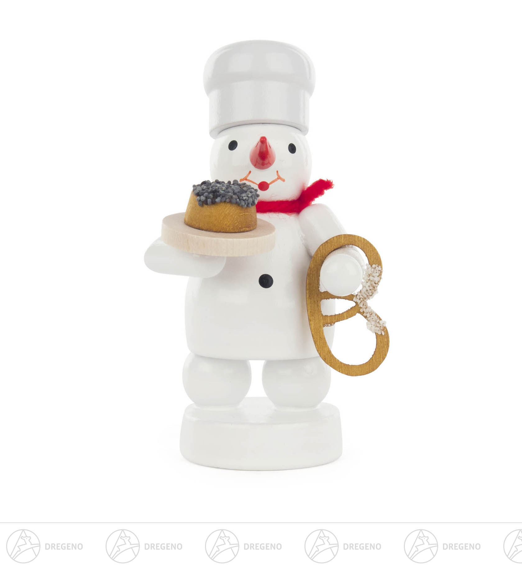 Schneemann Bäcker mit Kuchen und Brezel 8cm