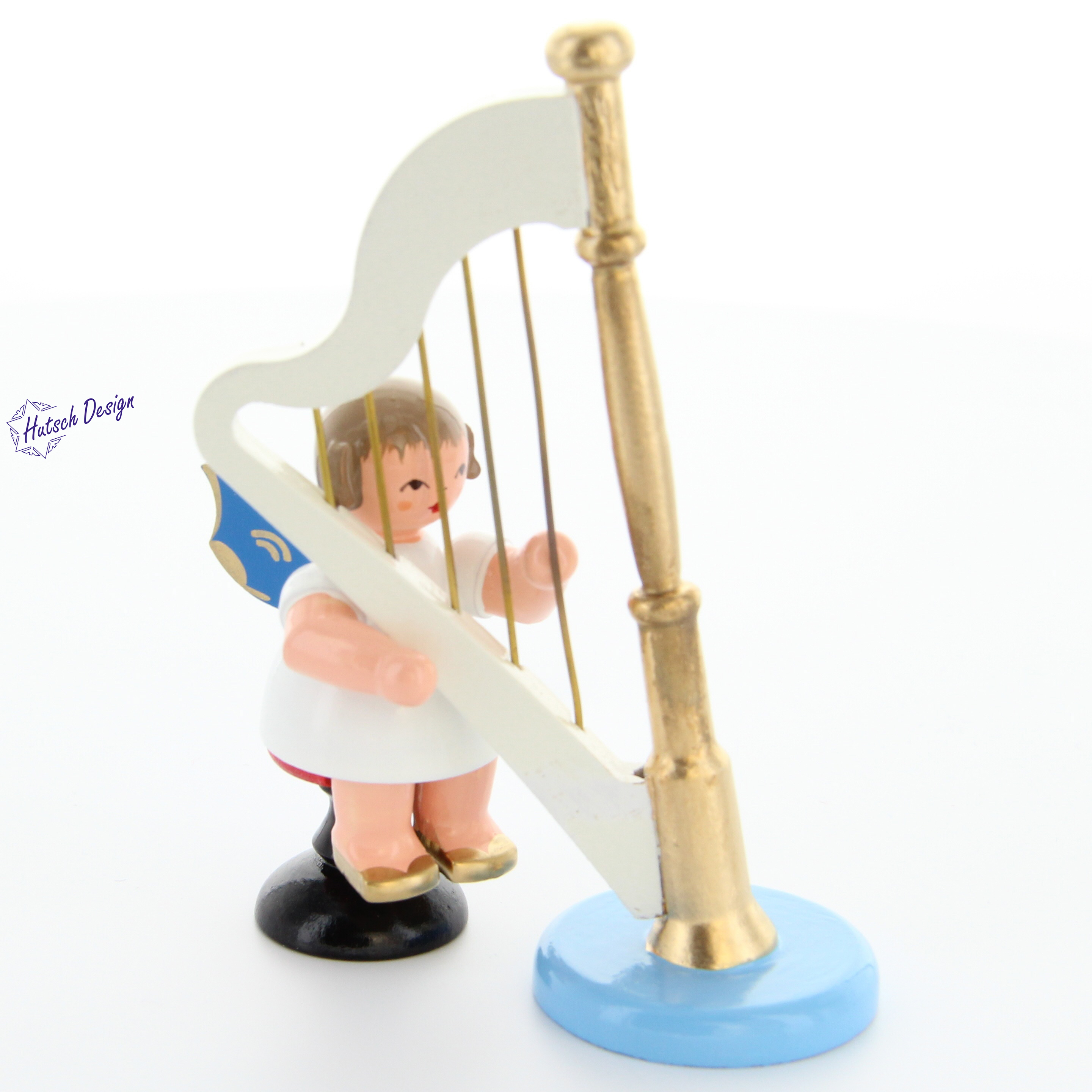 Engel sitzend mit Harfe, blaue Flügel